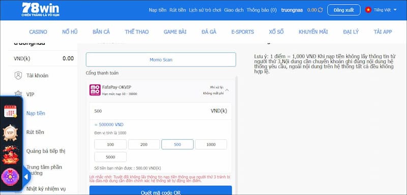 78Win nạp tiền thông qua ví Momo
